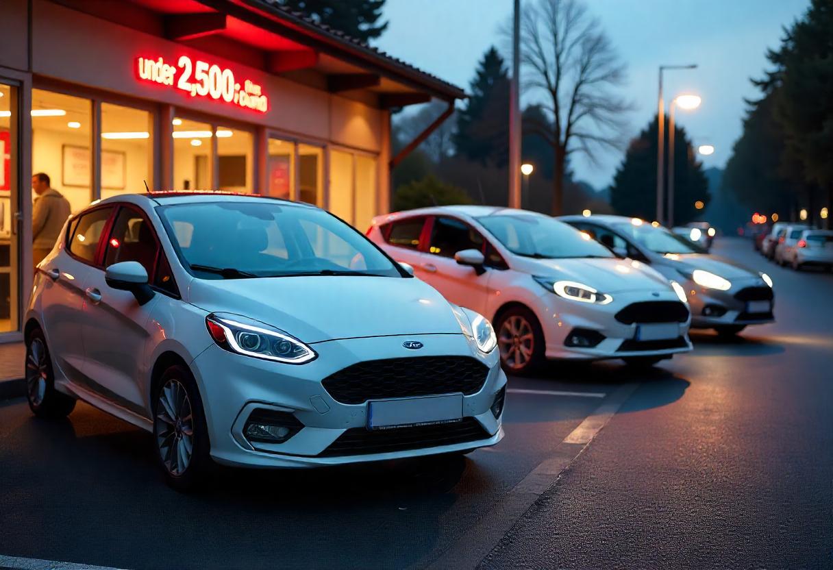 Eine Auswahl an günstigen Gebrauchtwagen unter 2.500 Euro, darunter Kleinwagen und Kompaktfahrzeuge, auf einem Parkplatz oder im Autohaus.